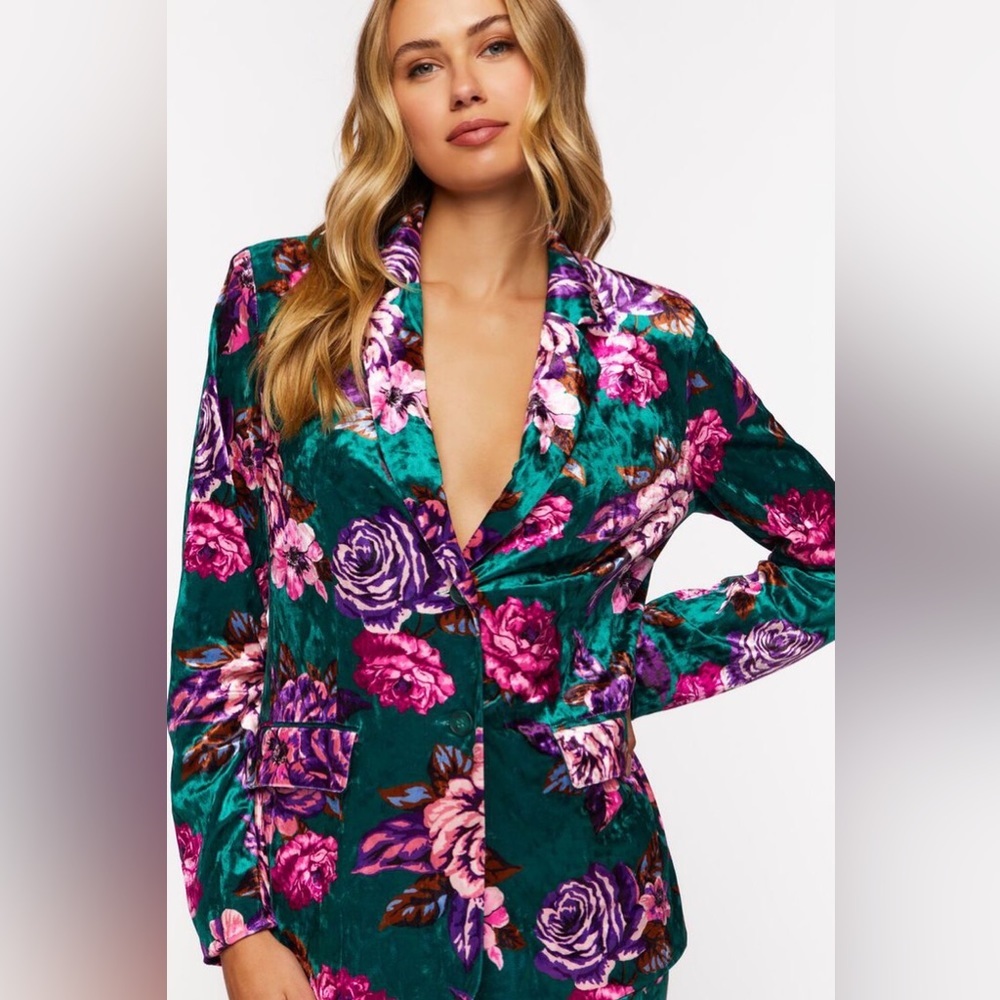 Teal Floral Velvet Blazer - Women's Statement Jacket